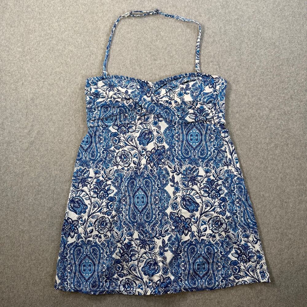 Garnet Hill Women's Size 8 Blue White Paisley Floral Ruched Halter Swim Dress